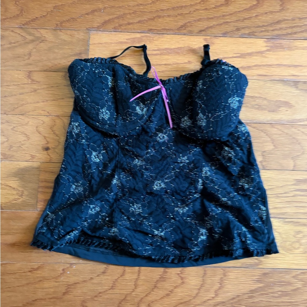 Lingerie corset top Black Camisole with Pink Ribbon